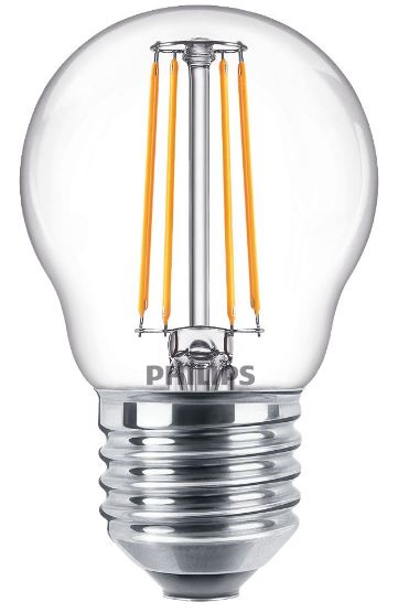 PHILIPS LED spuldze E27 P45 4,3W 470lm 2700K silti balta caurspīdīga filament klasiska