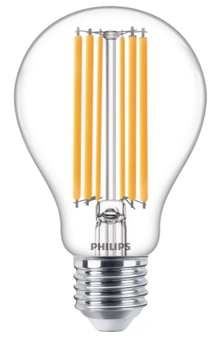 PHILIPS LED spuldze 13W 2000lm 2700K silti balta E27 caurspīdīga ar kvēldiega imitāciju