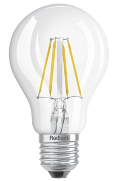 RADIUM LED spuldze E27 4.2W  470lm 2700K silti balta caurspīdīga filament klasiska